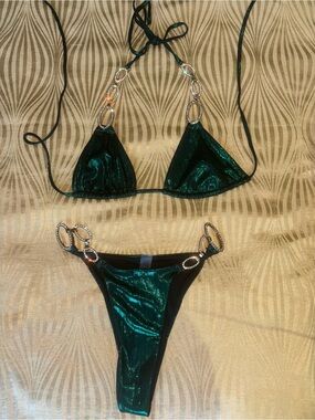 Emerald Green Metallic Triangle Bikini Set Gold Ring Rhinestone XS